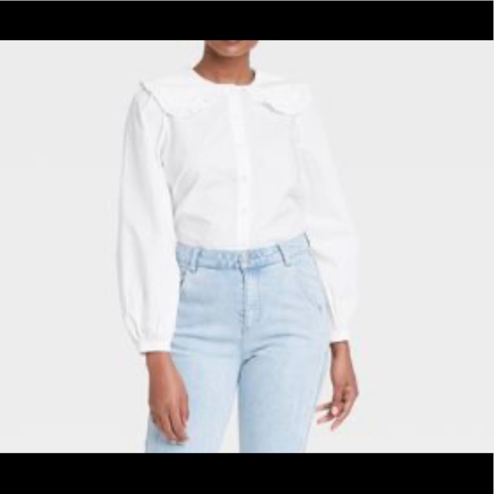 Who What Wear White Button-Front Long-Sleeve Blouse with Peter Pan Collar